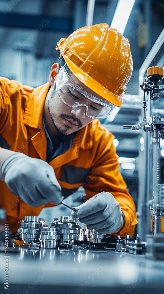 Poster engineer performing calibration checks on a manufacturing machine to ensure quality output, calibrat