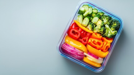 A colorful meal prep container filled with vegetables, isolated on a light gray surface. 