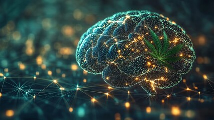 Obraz premium A brain silhouette with visible neural connections, glowing cannabis leaf overlay, soft focus medical background, health research concept. 
