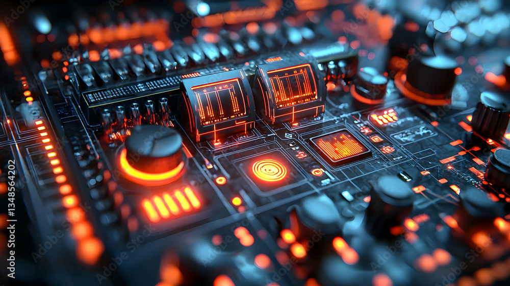 Poster a close-up of a circuit board with glowing red and blue lights. ideal for technology backgrounds web