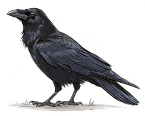 Fototapeta premium An artistic charcoal sketch of a crow with rough and expressive strokes, Artwork, charcoal on rough grain paper with deep shadows and highlights, sketch of a raven, crow on the ground