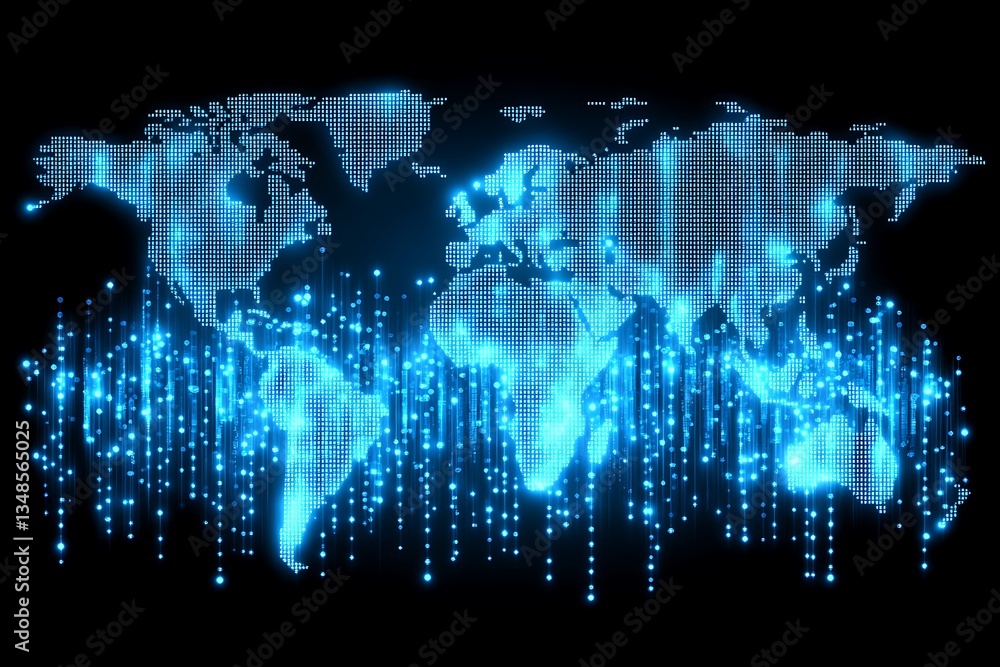 Poster a digital world map is highlighted with blue light patterns