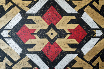 A geometric tapestry fabric texture background in bold red, black, and gold patterns. The woven motifs create a historical, artisanal aesthetic ideal for decorative wall hangings and vintage-style