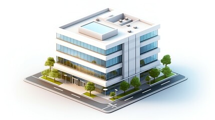 A modern office building nestled in a vibrant cityscape, showcasing sleek architecture and a rooftop pool, rendered with crisp lines and bright lighting.