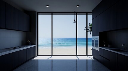 Fototapeta premium Modern kitchen with ocean view through glass window. Luxury coastal real estate concept