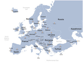 Europe map flat vector. Europe map with country names, capital city names, and border.