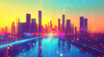 Fototapeta premium Futuristic urban landscape featuring vibrant city buildings and lights