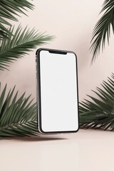 Phone with blank white screen floating in air among palm leaves on beige background with bright lighting and shadows. Smartphone mockup