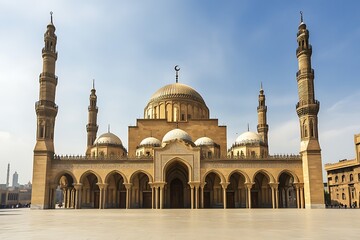 Obraz premium Large mosque with minarets and domes against a clear sky in the middle east architecture style
