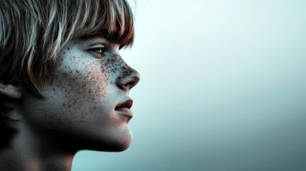 Youthful Freckled Face  Black and White Portrait  Contemplative Gaze  Side Profile