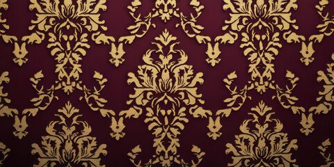 A luxurious damask fabric texture background in rich burgundy and gold. The elegant, symmetrical floral motifs and raised woven patterns add an aristocratic, vintage, and decorative charm.