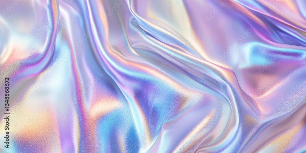 Poster a glossy holographic fabric texture background in shifting pastel hues. the iridescent surface chang