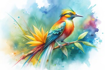 Vibrant Rainbow Bird Perched on Branch Amidst Lush Tropical Flora and Watercolor Splashes
