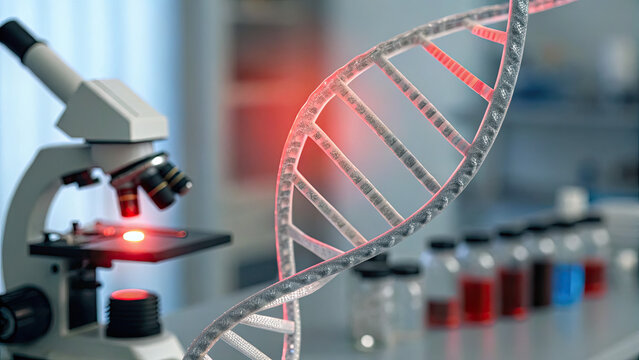Close-up of glowing DNA double helix with red warning sign symbolizing cancer risk, set in a medical lab with test tubes and microscopes. Genetic research, health risk awareness