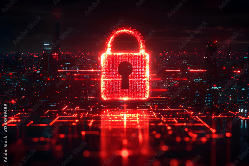 Poster a glowing red padlock hovers over a futuristic cityscape symbolizing cybersecurity and data protecti