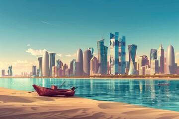 High Resolution Visual of Modern Doha Skyline with Desert Landscapes