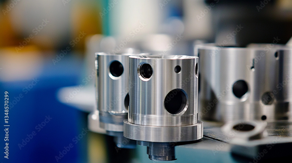 Aufkleber Precision milled metal parts on a workspace counter Generative AI