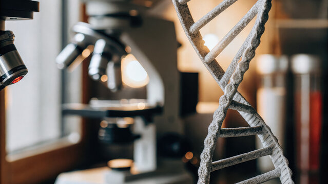 Close-up of glowing DNA double helix with red warning sign symbolizing cancer risk, set in a medical lab with test tubes and microscopes. Genetic research, health risk awareness