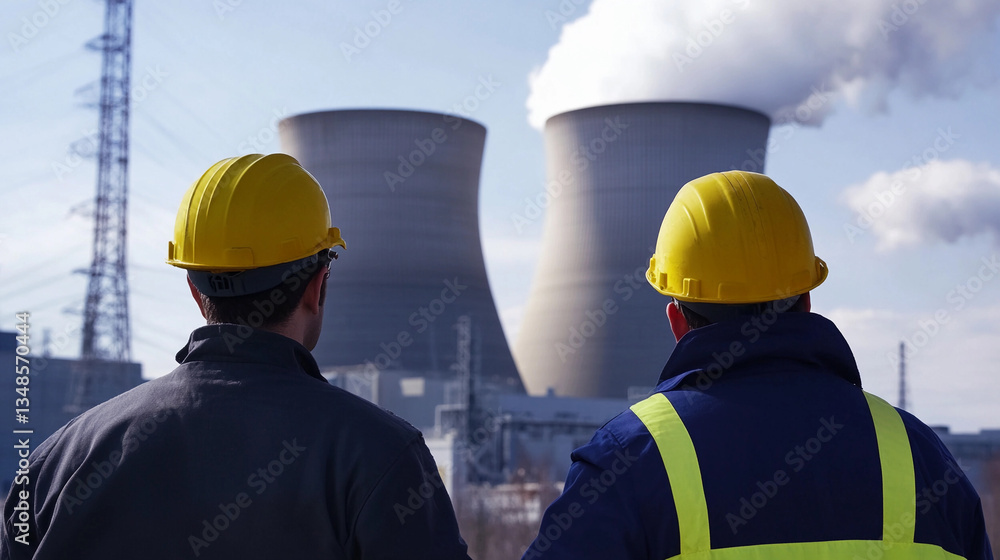 Aufkleber engineers examine nuclear power facility operations in daylight generative ai