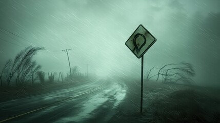 Atmospheric Stormy Landscape with Winding Road Sign and Rain
