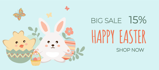 Happy easter sale. Chicken and rabbit, basket with Easter eggs on blue background. Can be add text. Design for banner, poster, postcard.