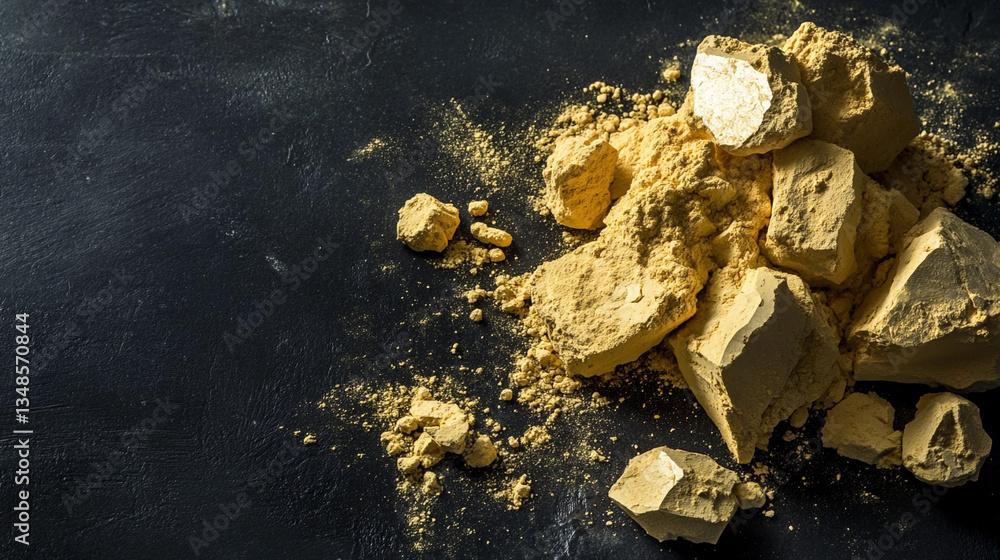 Poster uranium yellowcake powder and rocks on dark surface generative ai