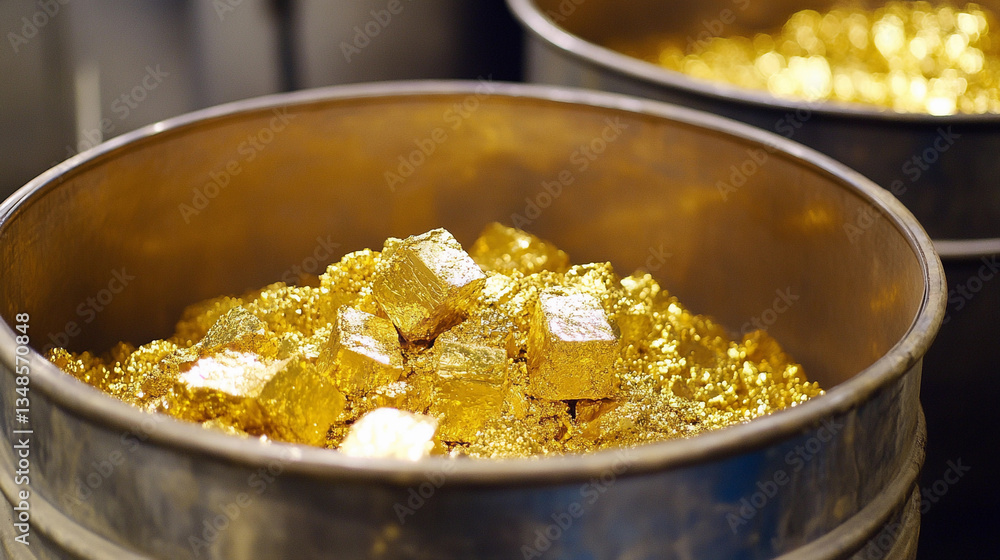 Poster yellowcake uranium stored in metallic barrels in a facility generative ai