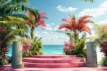 High Resolution Visual of Vibrant Podium on a Tropical Beach Backdrop