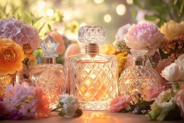 Elegant perfume bottles surrounded by vibrant flowers