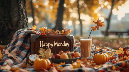 Cozy autumn scene with pumpkins and a hot beverage displays happy monday