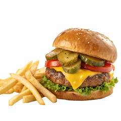 Juicy Cheeseburger with Fries Meal bun isolated on white background