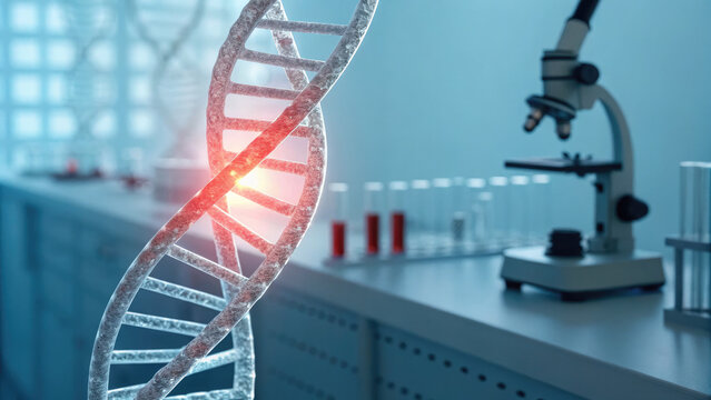 Close-up of glowing DNA double helix with red warning sign symbolizing cancer risk, set in a medical lab with test tubes and microscopes. Genetic research, health risk awareness - Powered by Adobe