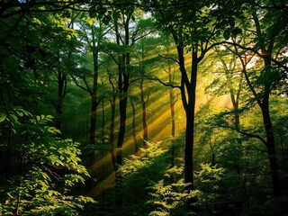 Sunbeams in a Green Forest