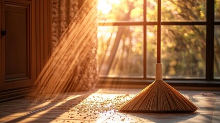 A broom is positioned near a window in a bright room