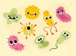 Fototapeta premium Cute Cartoon Germs and Bacteria Set for Kids Science Projects