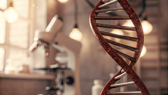 Close-up of glowing DNA double helix with red warning sign symbolizing cancer risk, set in a medical lab with test tubes and microscopes. Genetic research, health risk awareness