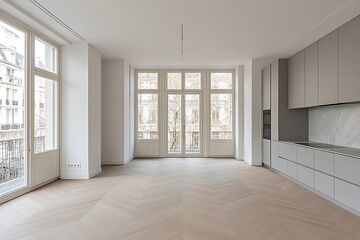 Obraz premium Empty modern apartment interior with large windows, parquet floor, and city view background