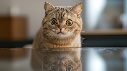 Naklejka premium A domestic cat looks with wide eyes at the camera