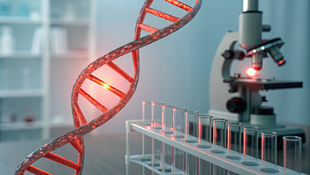 Close-up of glowing DNA double helix with red warning sign symbolizing cancer risk, set in a medical lab with test tubes and microscopes. Genetic research, health risk awareness