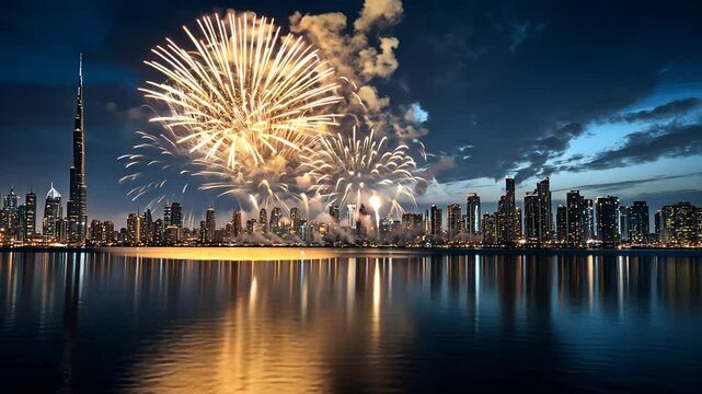 Spectacular Fireworks Display over Dubai's Stunning Skyline at Night, Reflected in Water