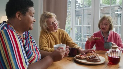Three elderly retired women sitting at table chatting joyfully. Multiracial senior women chill together talking. Female aged friends having tea time at home and communicating smiling
