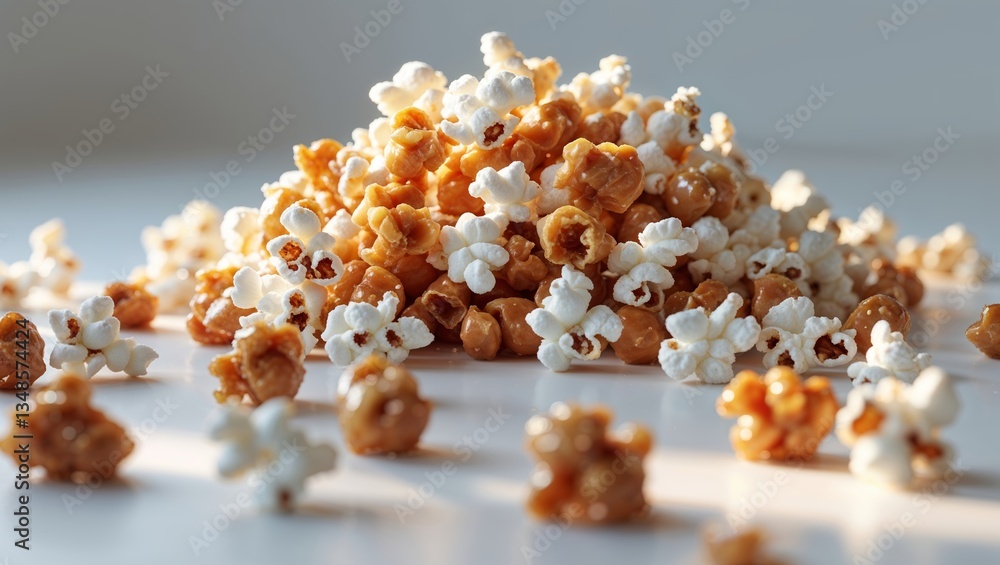 Poster deliciously mixed caramel and butter popcorn scattered on a light surface for an inviting snack expe