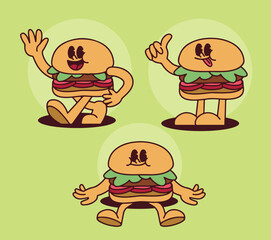 Retro Burger Mascot for Cafe Restaurant Branding with Cartoon Hand-Drawn Character in Vintage Style