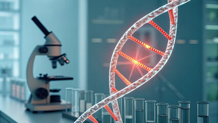 Close-up of glowing DNA double helix with red warning sign symbolizing cancer risk, set in a medical lab with test tubes and microscopes. Genetic research, health risk awareness
