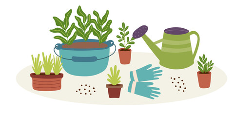 Garden background with seedlings, watering can and gloves isolated on white. Spring, gardening, ecology concept. Vector hand drawn banner.