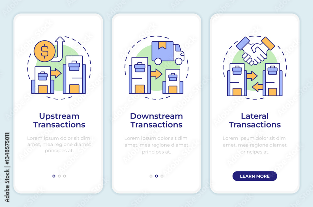 Poster types of intra group transactions onboarding mobile app screen. walkthrough 3 steps editable graphic