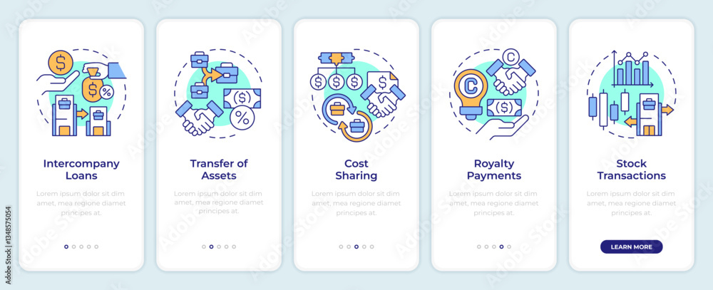 Poster intercompany transactions onboarding mobile app screen. walkthrough 5 steps editable graphic instruc