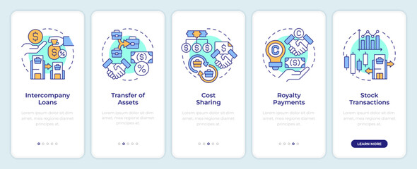 Intercompany transactions onboarding mobile app screen. Walkthrough 5 steps editable graphic instructions with linear concepts. UI, UX, GUI template. Montserrat SemiBold, Regular fonts used