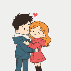 Wrapped in warm coats, two people hug each other affectionately under the cold winter sky