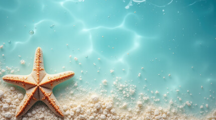 Clear, calm sea water adorned with starfish and delicate sand grains, creating the perfect vacation backdrop filled with tranquility and beachside charm.